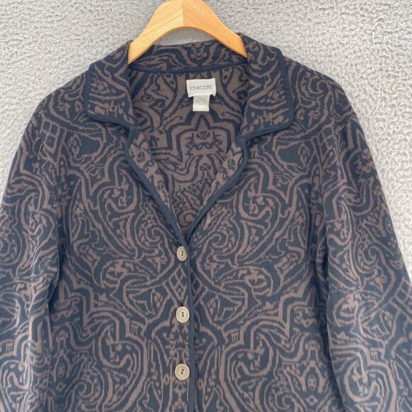 Chicos Jacket Womens 1 US Medium Brown Pattern Silk Blend Cardigan Button Pocket - Picture 2 of 11